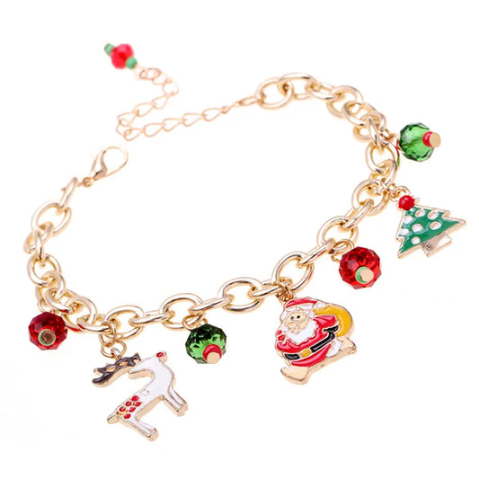 Weihnachtsarmband mit goldener Kette, Rentier, Weihnachtsmann, Tannenbaum, roten und grünen Perlen.