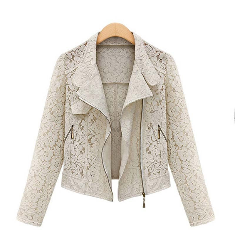 Damen Spitzenjacke beige, Reißverschluss, florales Muster, modische Oberbekleidung.