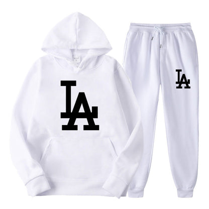 Weißer Hoodie und Jogginghose mit schwarzem LA-Logo, Unisex, Baumwolle, Freizeitkleidung.