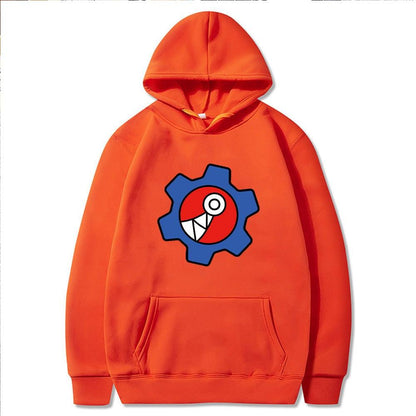 Orange Hoodie mit Zahnrad-Design, Baumwolle, Unisex, Kapuzenpullover, modisch, bequem.