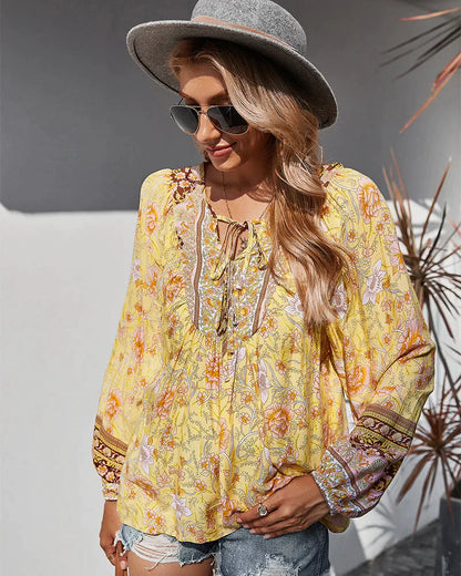 Vintage Boho sommarblus med blommönster och långa ärmar – Sana