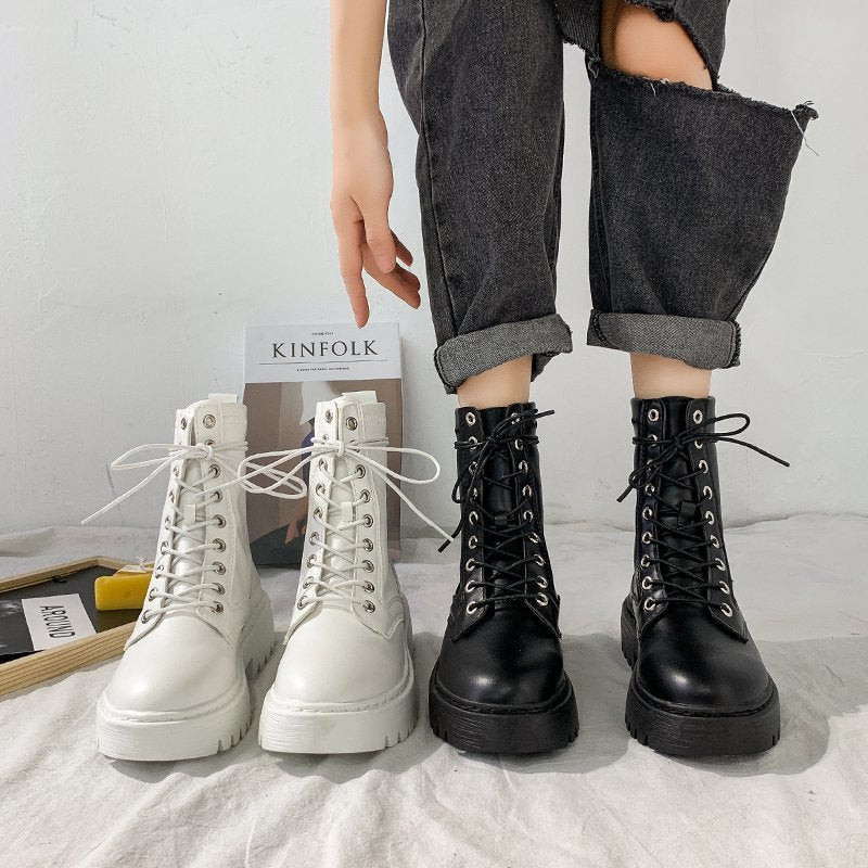 Damen Stiefel, schwarz und weiß, Leder, Schnürung, modisch, robust, lässig, Herbstmode.