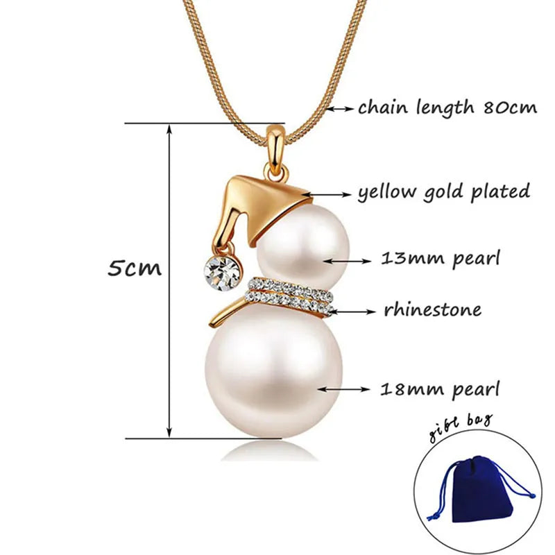 Schneemann-Anhänger Halskette, gelbvergoldet, Perlen, Strass, 80cm Kette, Geschenkbox.