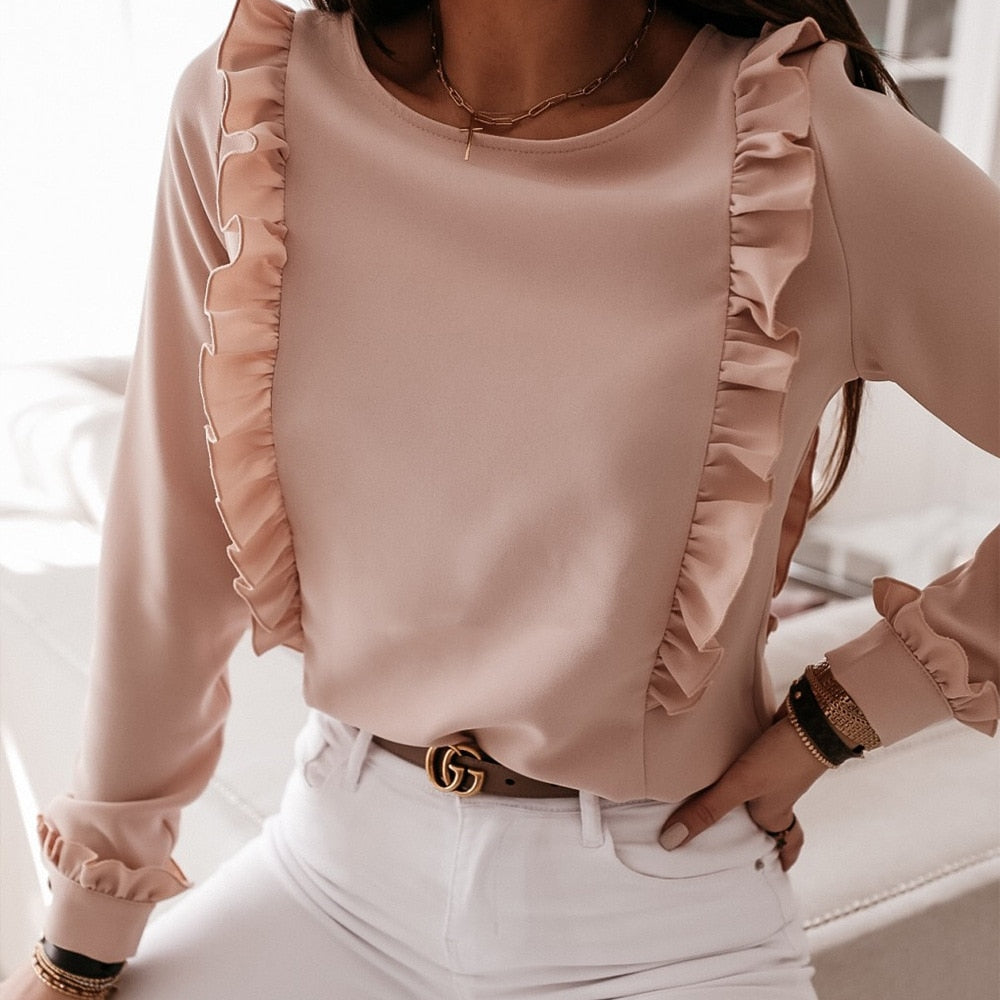 Damen Bluse rosa Rüschen elegant, Langarm, modisch, Büro, Freizeit, stilvoll, hochwertig.