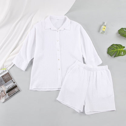 Weiße Baumwoll-Pyjama-Set für Damen, Hemd und Shorts, bequem, atmungsaktiv, Sommermode.