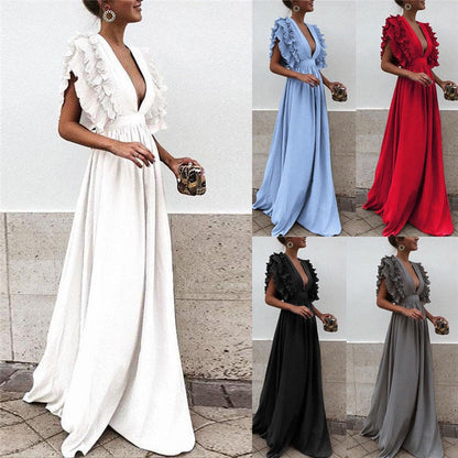 Elegantes langes Abendkleid mit Rüschenärmeln in Weiß, Blau, Rot, Schwarz und Grau.