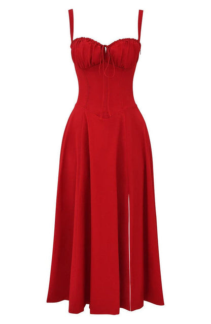 Rotes Bustier-Sommerkleid, ärmellos, knielang, elegantes Design, Damenmode.