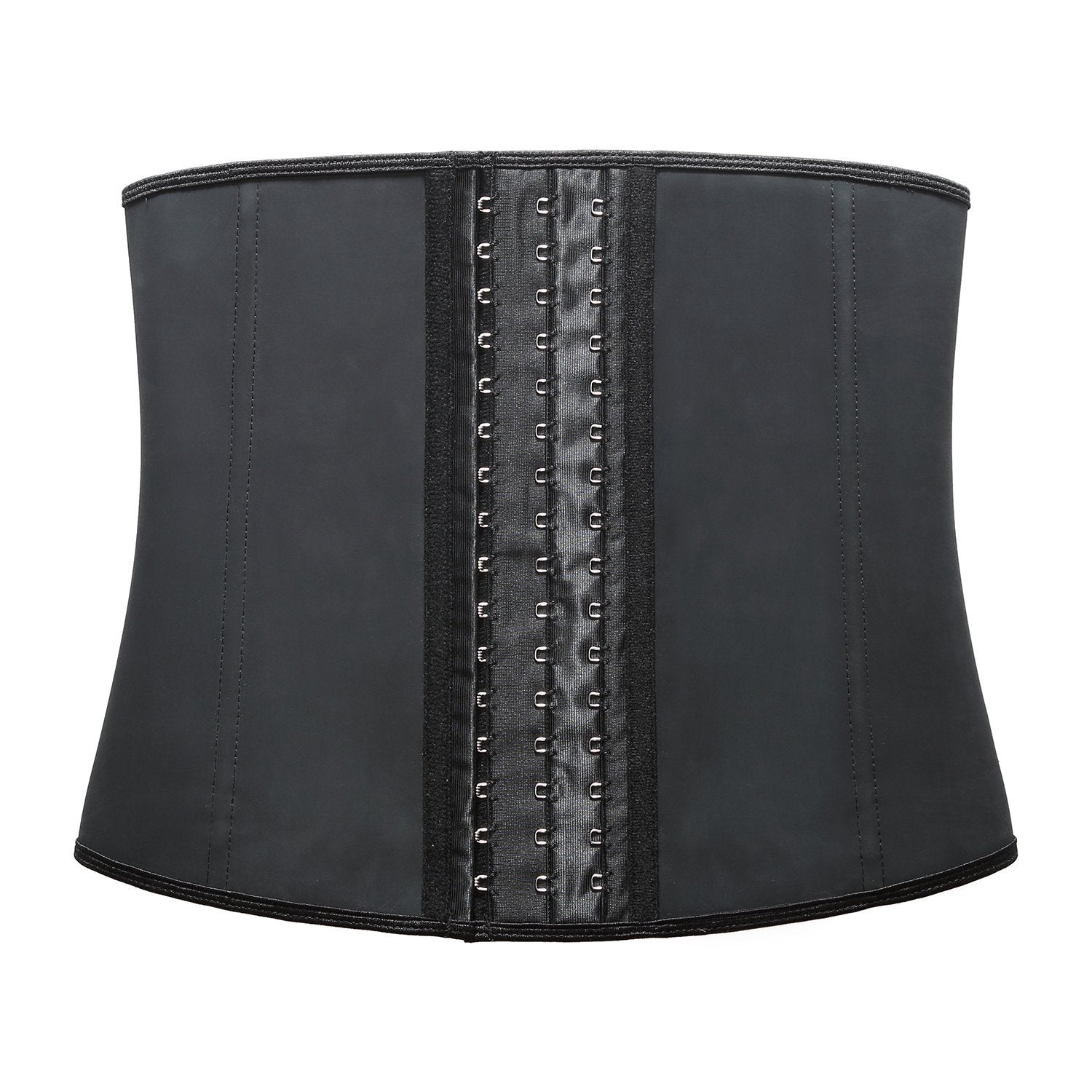 Schwarzes Latex-Taillenkorsett mit Hakenverschluss, formend, für Damenmode und Figurbetonung.