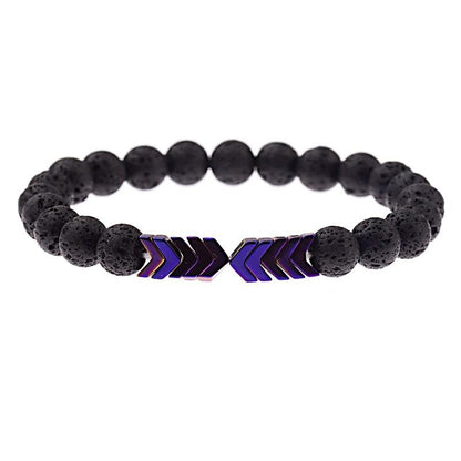 Schwarzes Lavastein-Armband mit violetten Pfeil-Details, elastisch, Unisex-Schmuck.