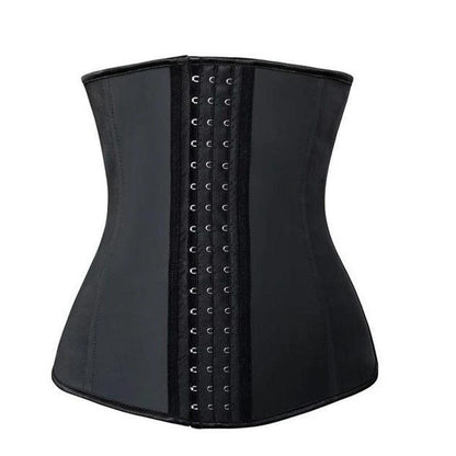 Schwarzes Taillenkorsett mit Hakenverschluss, Latex, Figurformung, Damenmode.