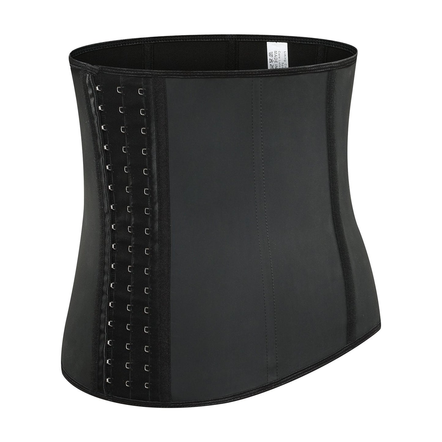 Schwarzes Latex-Taillenkorsett mit Hakenverschluss, formend, für Damenmode.
