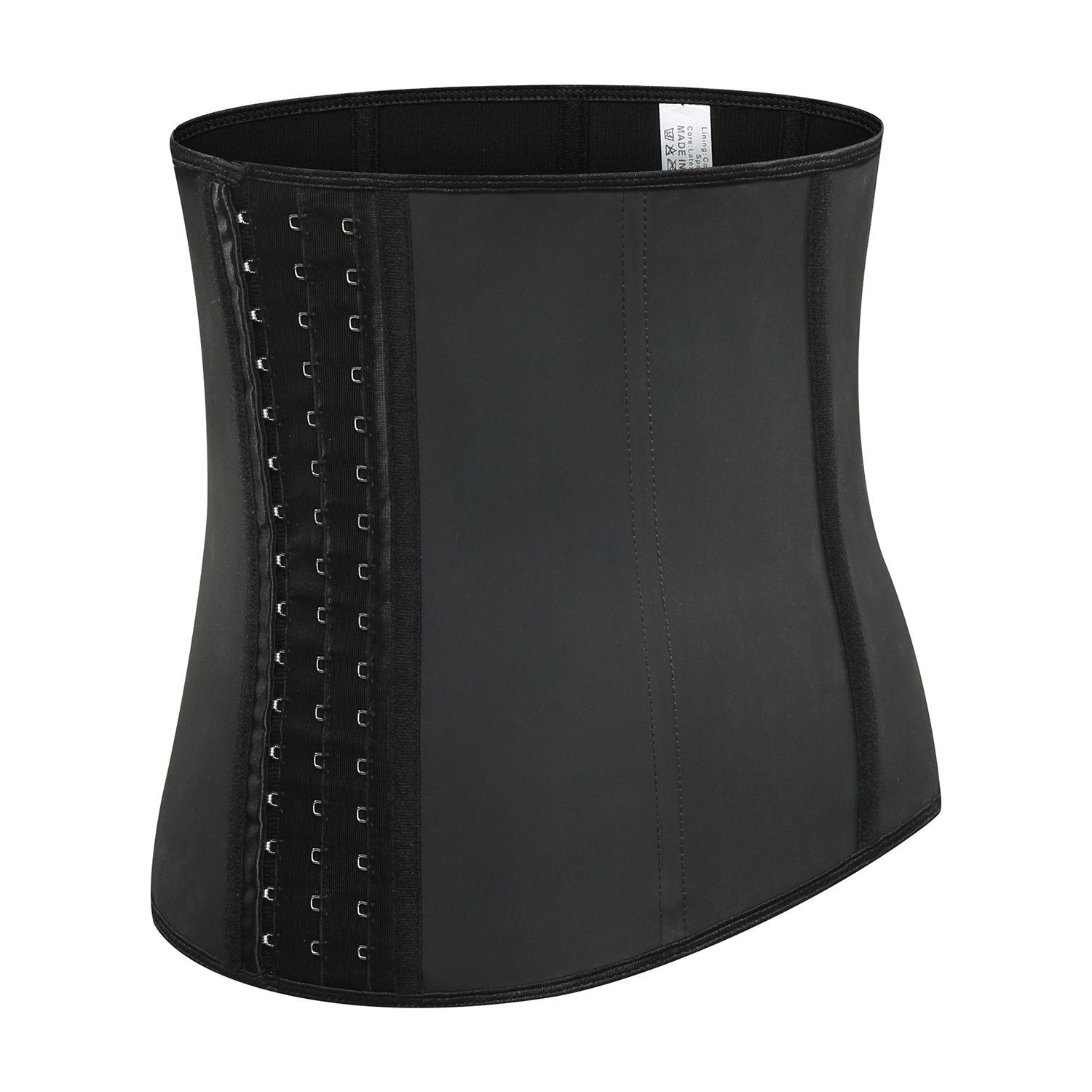 Schwarzes Latex-Taillenkorsett mit Hakenverschluss, formend, für Damenmode.