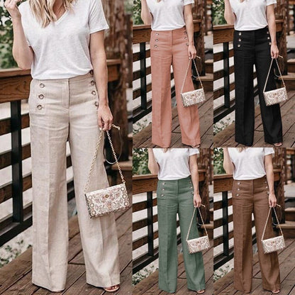 Damen Leinenhose mit Knöpfen, hohe Taille, in Beige, Rosa, Schwarz, Grün, Braun.