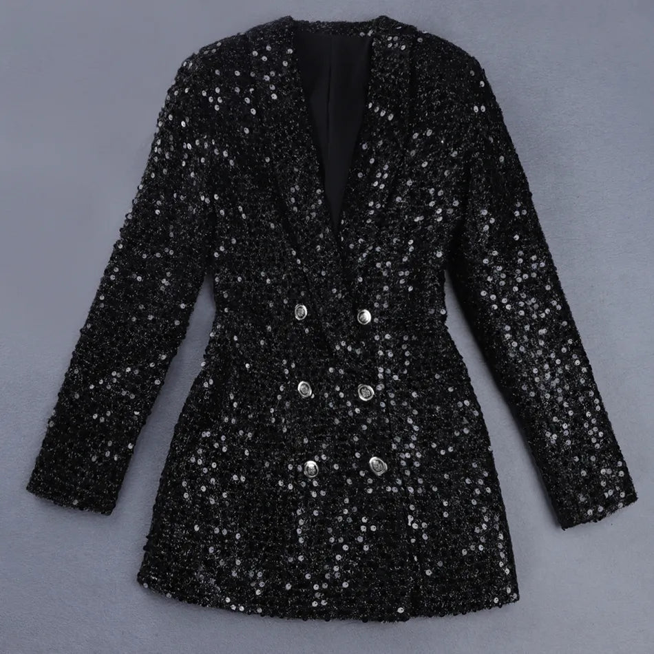 Schwarzer Pailletten-Blazer, Damenmode, eleganter Abendjacke, doppelte Knopfleiste.
