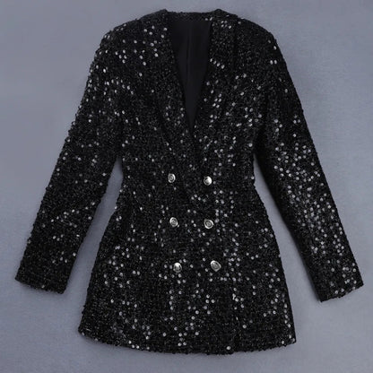 Schwarzer Pailletten-Blazer, Damenmode, eleganter Abendjacke, doppelte Knopfleiste.