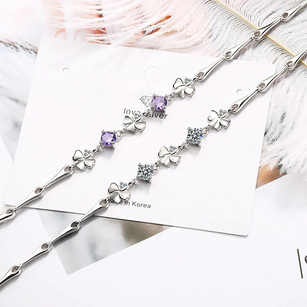 Silberne Armbänder mit lila und klaren Kristallen, Schleifen-Design, Schmuck aus Korea.