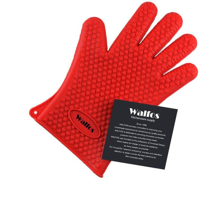 Roter Silikon-Ofenhandschuh, hitzebeständig, rutschfest, ideal für Küche und Grill.