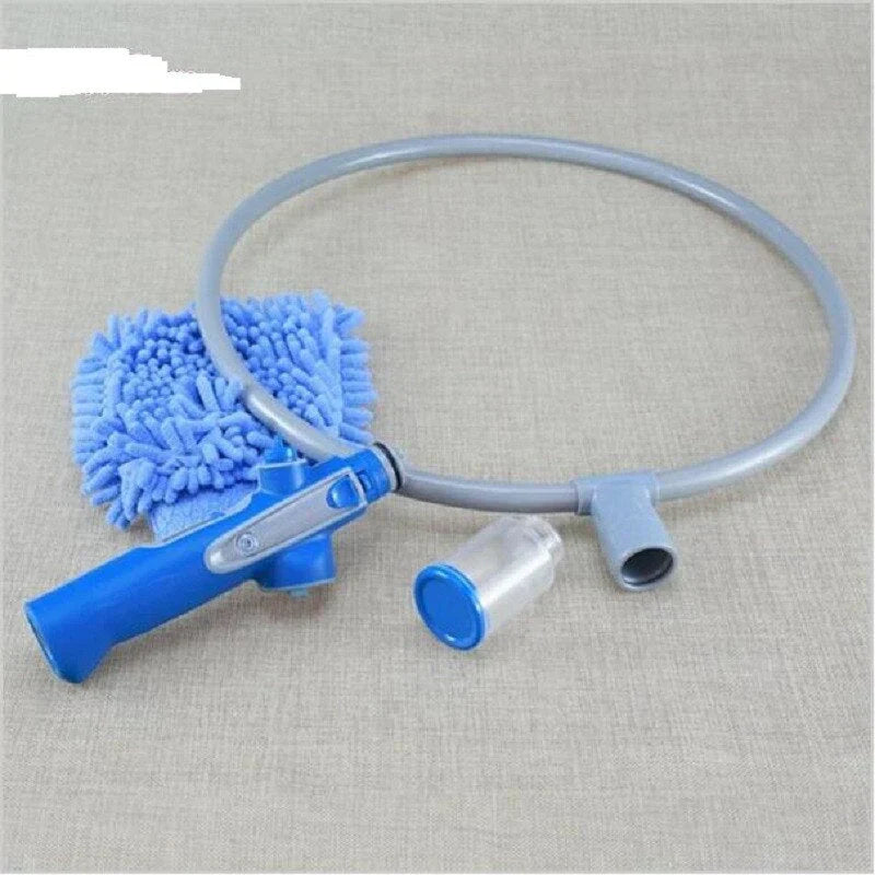 Blauer Aquarium-Reiniger mit Schlauch und Mikrofaserpad, ideal für Aquarienpflege.