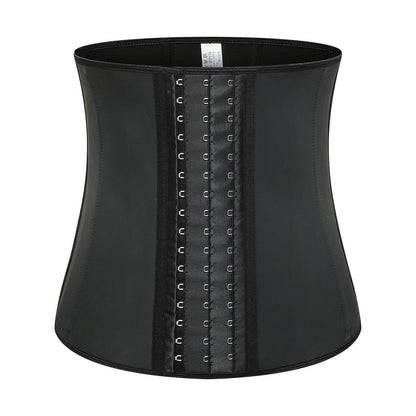Schwarzes Latex-Taillenkorsett mit Hakenverschluss, formend, für Damenmode und Shapewear.