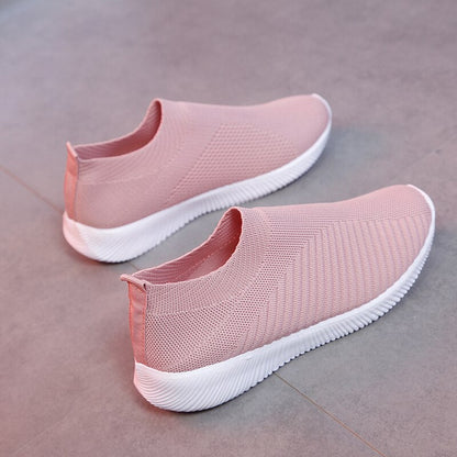 Rosa Damen-Sneaker aus Strickstoff, rutschfest, leicht, mit weißer Sohle.