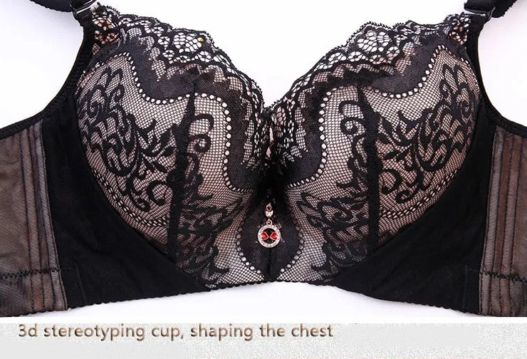 Schwarzer Spitzen-BH mit 3D-Cup, verstellbaren Trägern, formt die Brust, elegant, Damenunterwäsche.