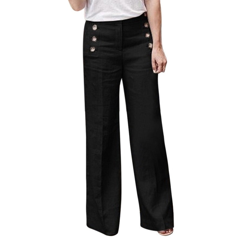 Schwarze Damenhose mit weitem Bein und Knöpfen, eleganter Look, modische Damenbekleidung.