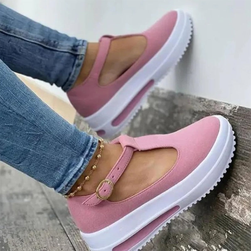 Damen rosa Plateau-Sneaker mit T-Riemen, Freizeitschuh, Jeans, modisch, bequem.