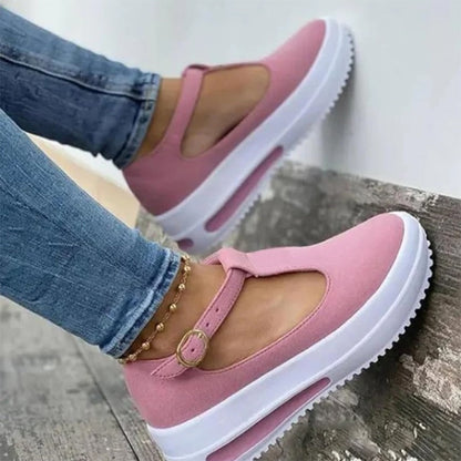 Damen rosa Plateau-Sneaker mit T-Riemen, Freizeitschuh, Jeans, modisch, bequem.