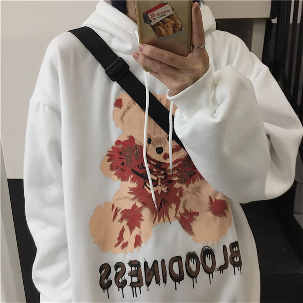 Weiße Kapuzenpullover mit Teddybär-Design, BLOODINESS-Text, Unisex, Streetwear, Baumwolle.