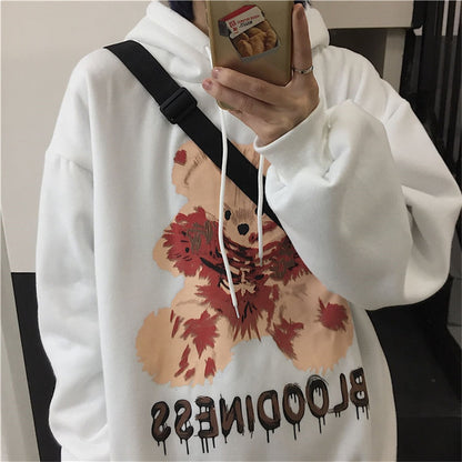 Weiße Kapuzenpullover mit Teddybär-Design, BLOODINESS-Text, Unisex, Streetwear, Baumwolle.