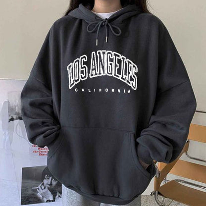 Dunkelgrauer Hoodie mit "Los Angeles California" Aufdruck, Unisex, Baumwolle, lässiger Stil.