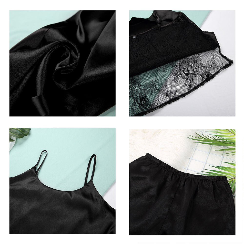 Schwarzes Satin- und Spitzen-Nachthemd-Set, Damen, elegant, Nachtwäsche, verstellbare Träger.
