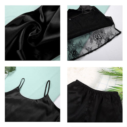 Schwarzes Satin- und Spitzen-Nachthemd-Set, Damen, elegant, Nachtwäsche, verstellbare Träger.