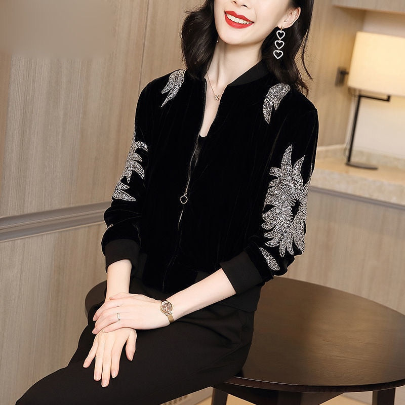 Damen schwarze Samtjacke mit silbernen Pailletten, modisch, elegant, Reißverschluss, Langarm.