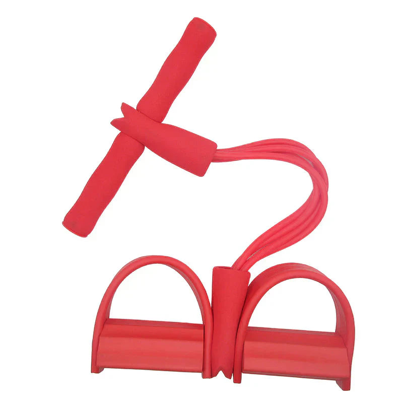 Rotes Fitness-Widerstandsband mit Pedalen, Schaumstoffgriffen, ideal für Heimtraining.