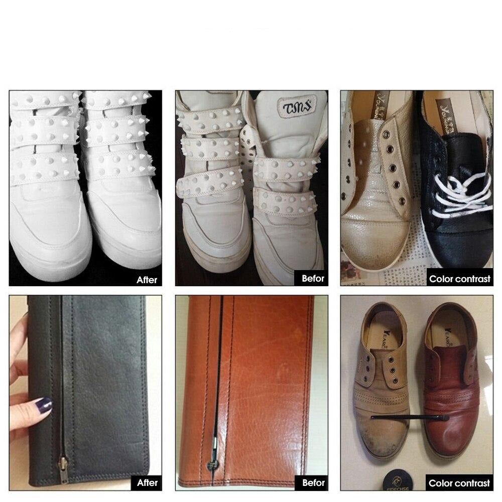 Weiße und braune Schuhe vor und nach der Reinigung, Lederpflege, Farbkontrast, Schuhreparatur.