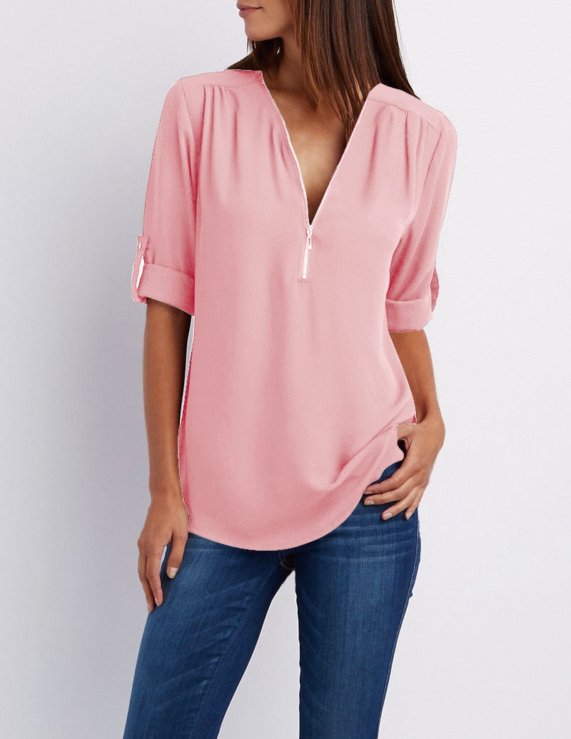 Damen Bluse rosa, V-Ausschnitt, 3/4-Ärmel, lässig, elegant, Baumwolle, Freizeitmode.