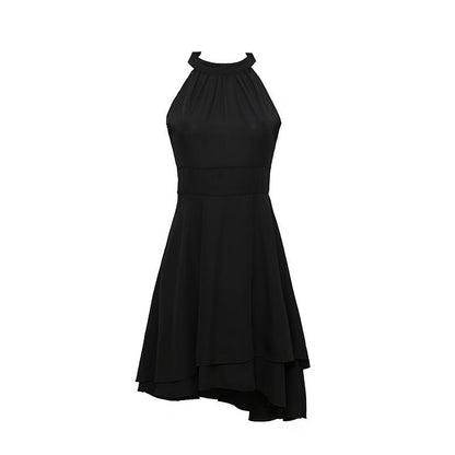 Schwarzes ärmelloses Cocktailkleid, asymmetrischer Saum, elegantes Design, Damenmode.