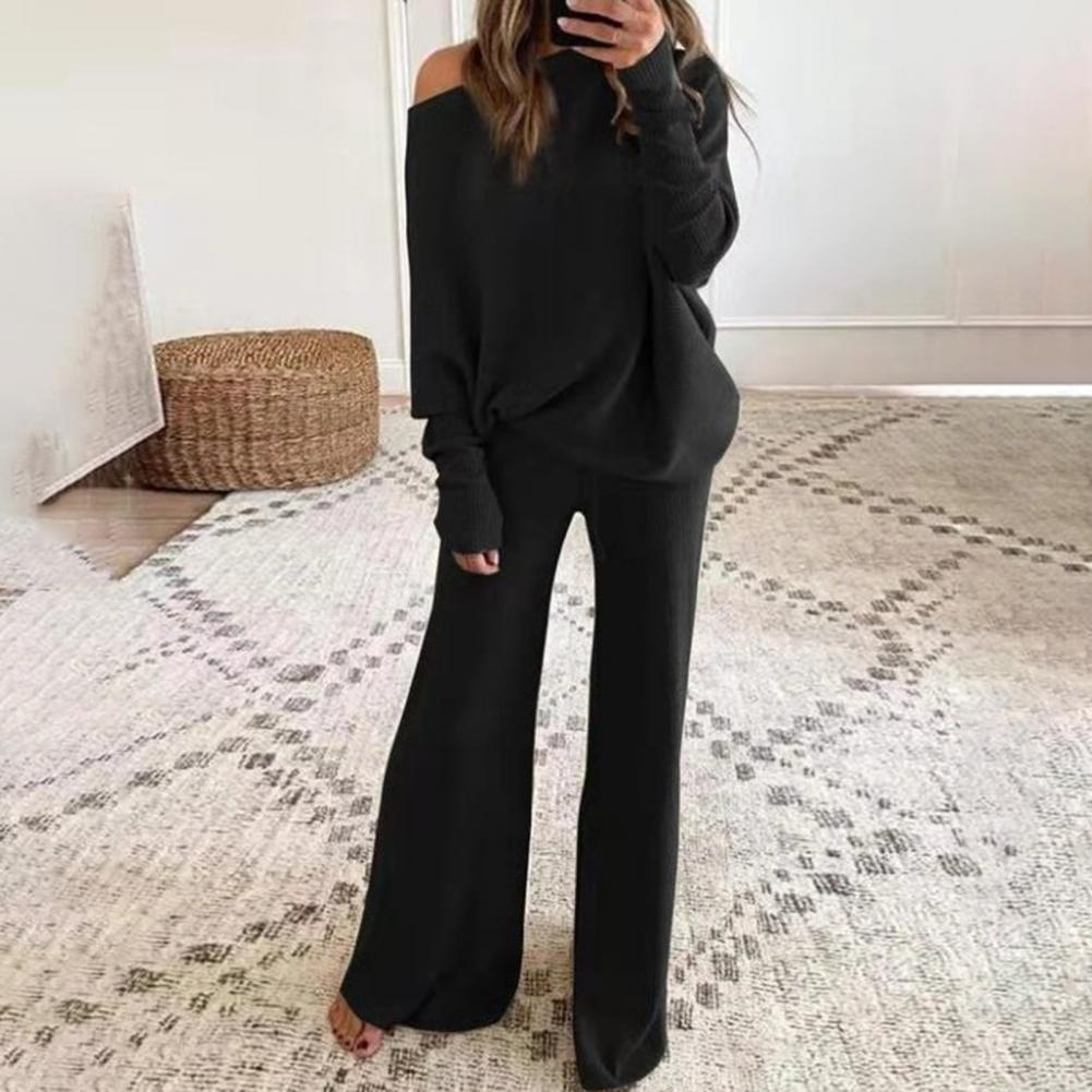 Damen-Loungewear-Set, schwarz, langärmelig, bequem, modisch, Freizeitkleidung, Wohnzimmer.