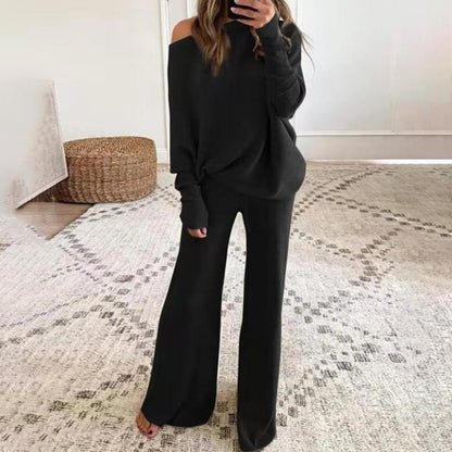 Damen-Loungewear-Set, schwarz, langärmelig, bequem, modisch, Freizeitkleidung, Wohnzimmer.
