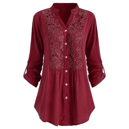 Damenbluse rot mit Spitze, lange Ärmel, Knopfleiste, elegant, Freizeitmode.