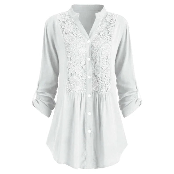 Damenbluse mit Spitze, weiß, langärmelig, Knopfleiste, elegant, Freizeitmode.