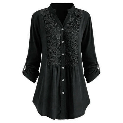 Schwarze Damenbluse mit Spitzenmuster, langen Ärmeln, Knopfleiste, elegant und modisch.