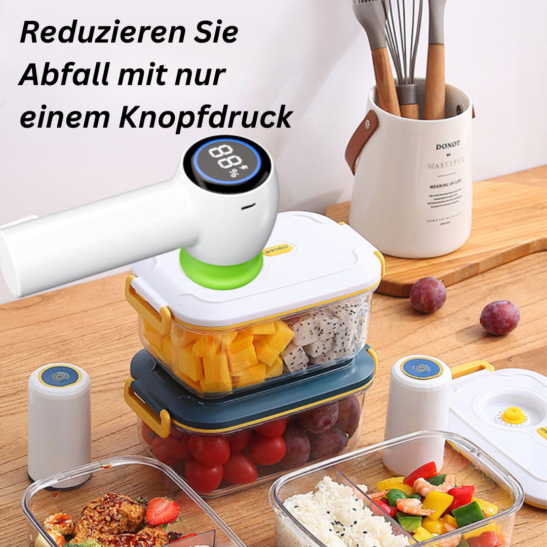 Vakuumiergerät für Lebensmittel, weiß, mit digitalem Display, stapelbare Frischhalteboxen.