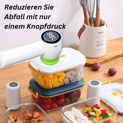 Vakuumiergerät für Lebensmittel, weiß, mit digitalem Display, stapelbare Frischhalteboxen.