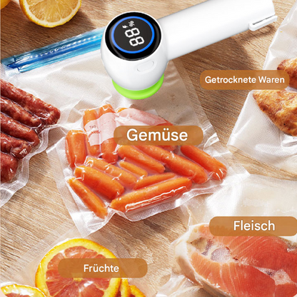 Vakuumiergerät für Lebensmittel, Gemüse, Fleisch, Frucht, getrocknete Waren, weiß, digital.