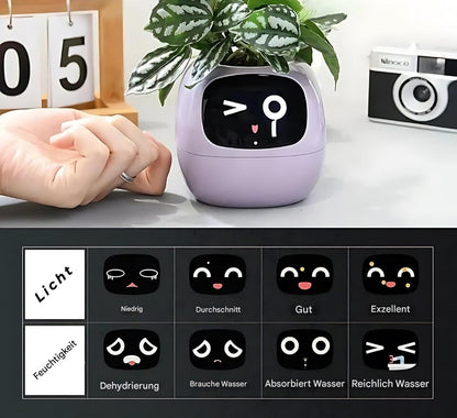 Lila interaktiver Blumentopf mit Gesicht, Pflanze, LED-Anzeige, Feuchtigkeitssensor, modern.