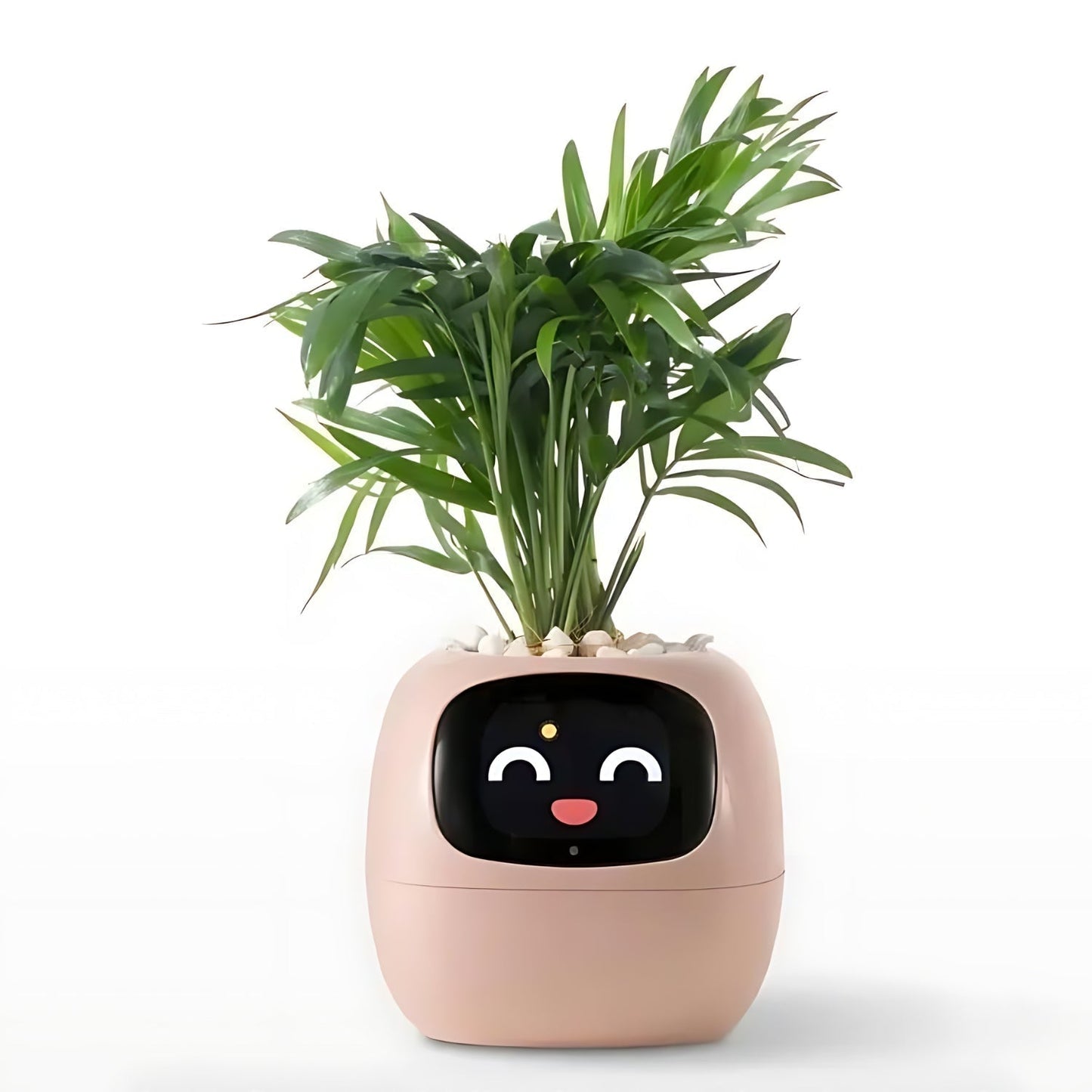 Lila interaktiver Blumentopf mit Pflanze, Happy Ivy, smartes Design, Gesichtsanzeige, modern.