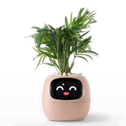 Lila interaktiver Blumentopf mit Pflanze, Happy Ivy, smartes Design, Gesichtsanzeige, modern.