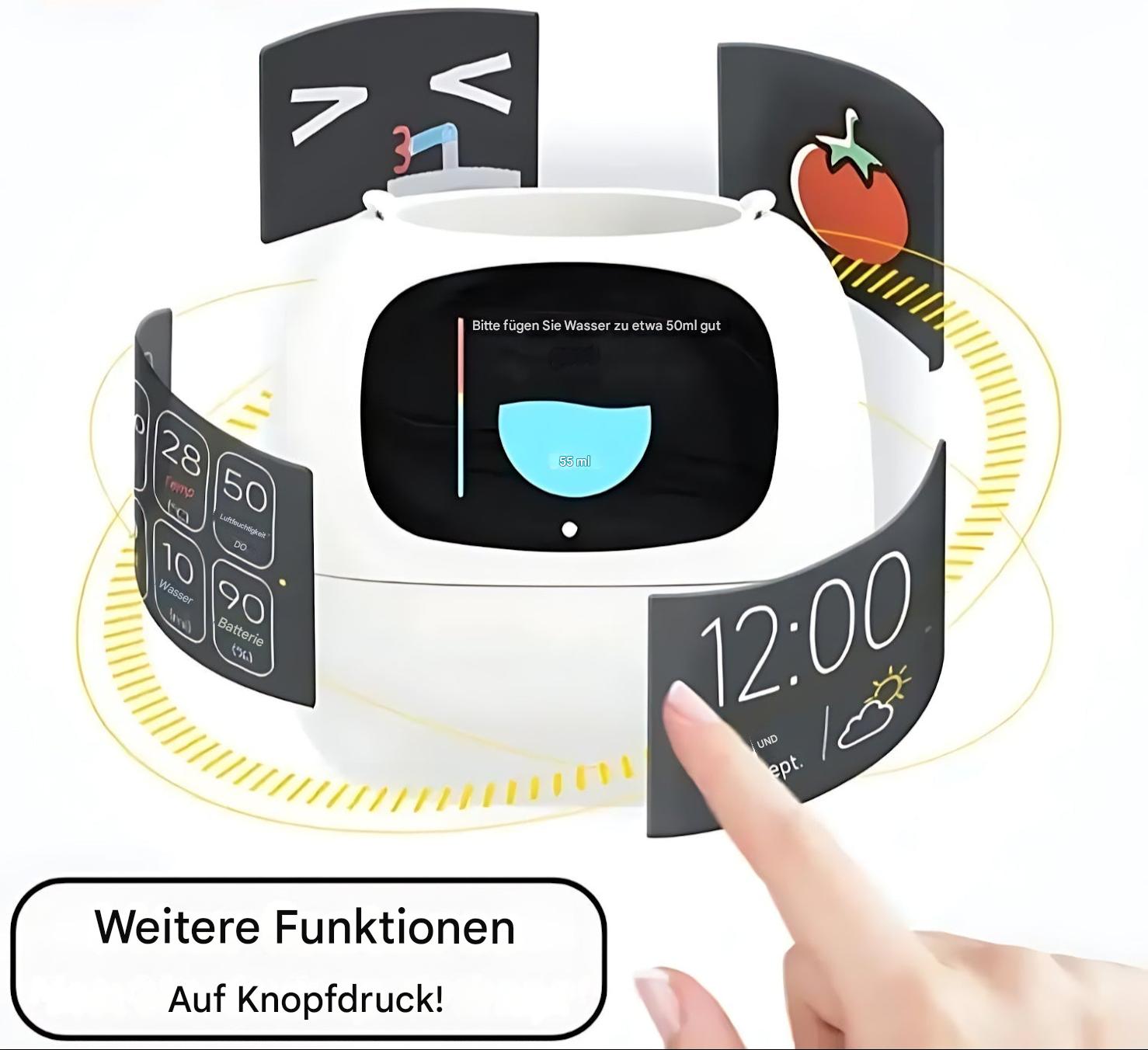 Interaktive smarte Blumentopf, weiß, mit digitalem Display, Funktionen, Pflanzenpflege.